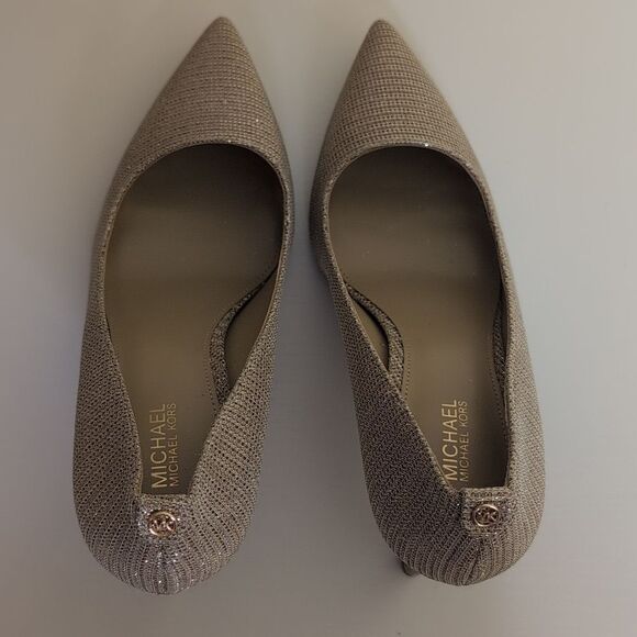 Michael Kors 7.5 Alina Flex Pump Pale Gold Glitter Chain Mesh Heels, NEW - Picture 8 of 11
